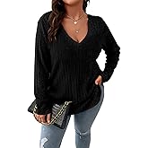 Veeiid Women Plus Size Casual Knit V Neck Lightweight Long Sleeve Sweaters XL-5XL