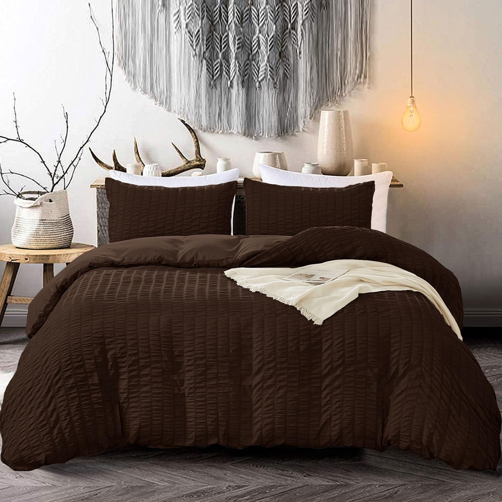 Brown Duvet Cover Set 3 Pieces Seersucker Bedding Set with 2 Pillowcases Soft Breathable Microfiber Duvet Cover Double 200 x 200cm — image 1