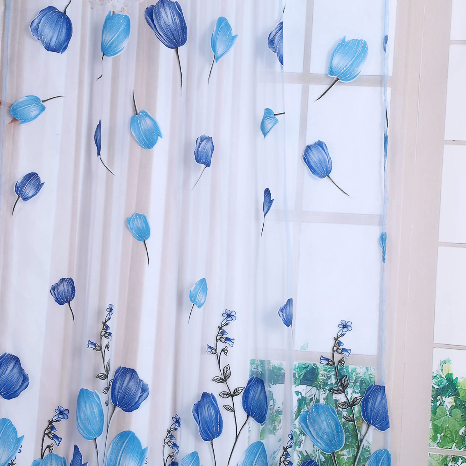 Tulle Curtain, 100 * 200cm Colorful Tulips Printing Tulle Curtains Sheer Drape Balcony Window Decoration(Blue)