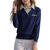 LAI MENG FIVE CATS Women's Fall Winter Sweater Contrast Shirt Collar Long Sleeve Pullover Ribbed Knit Tops