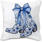 Nvotell Chinoiserie Western Pillow Cover - Blue Coquette Bows Cowboy Cowgirl Boot Decor for Home, Blue and White Pillow Covers 18x18