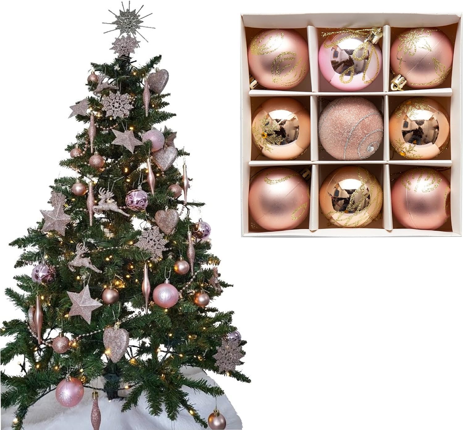 UKDD® Set of 9 Premium Baubles Luxury Christmas Tree Bauble Decorations Matte, Glitter, shiny Baubles (Rose Gold)