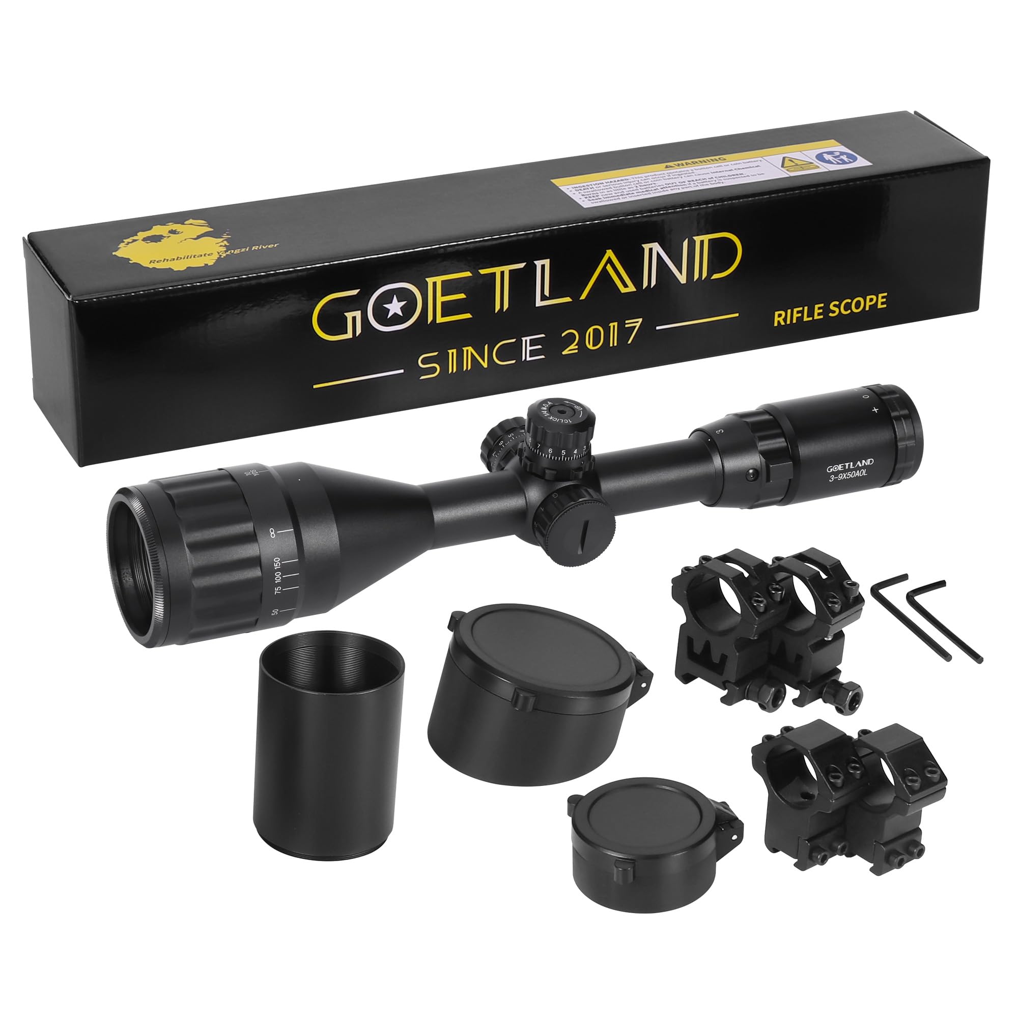 Goetland Rifle Scope 3-9x50 Red Green Illuminated Mil Dot SFP Optics Mounting Rings Sunshade for Airsoft Rifle