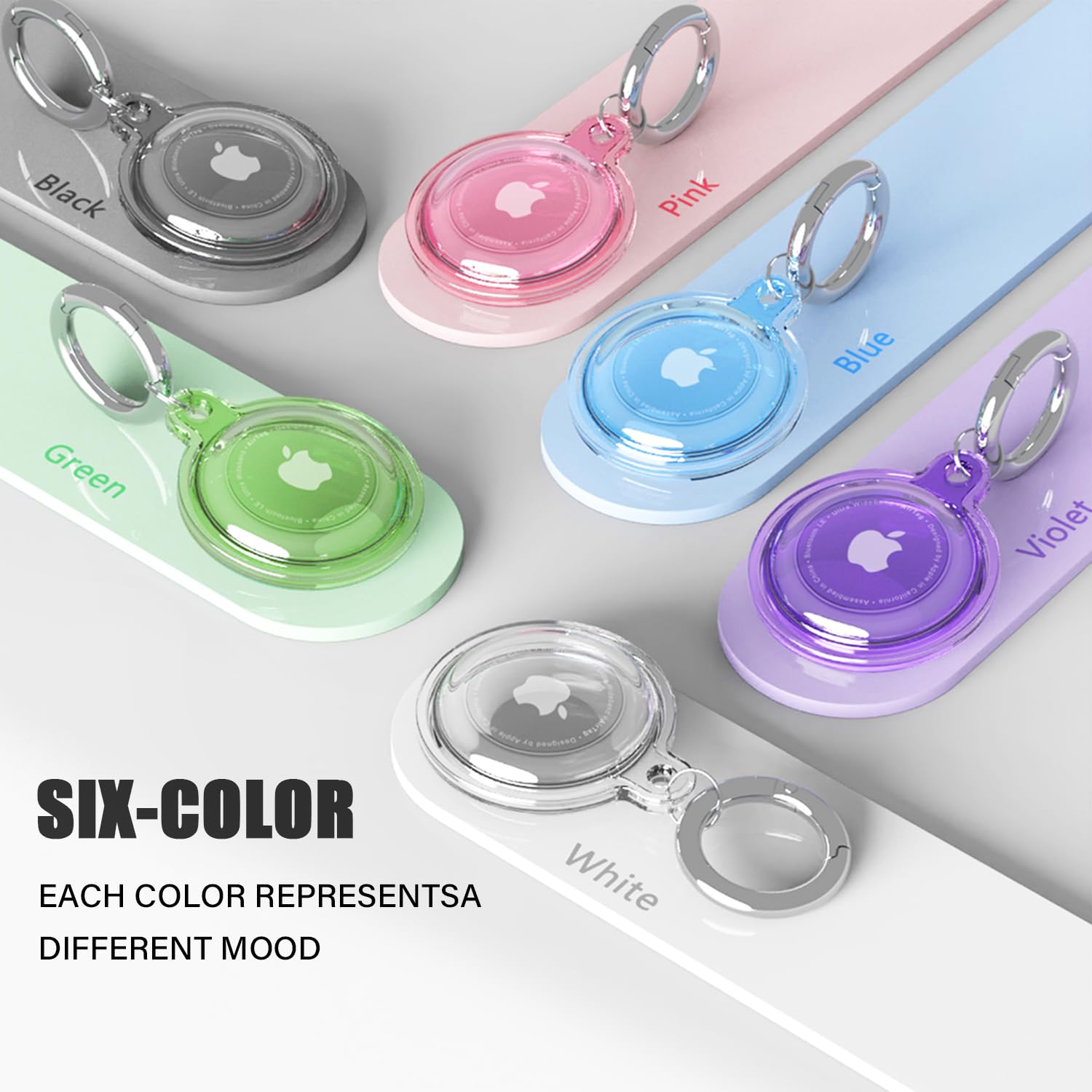 Galafoki Waterproof 4 Pack Compatible with Apple AirTags Holder, Clear Air Tags-4 Pack Air Tags Case with AirTags Keychain for Kids Dog, Pet,Car Keys, Luggage-Purle+Pink+Blue+Purple+Black+White