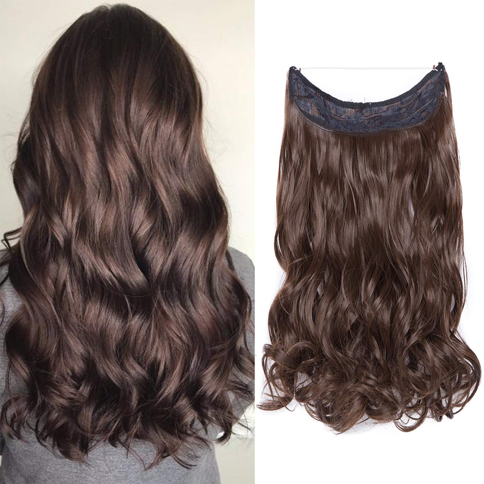 Silk-co One Piece Wire in Hair Extensions 16 inch Long Curly Wavy Hairpiece No Clip Synthetic Hair Wire String Light Brown