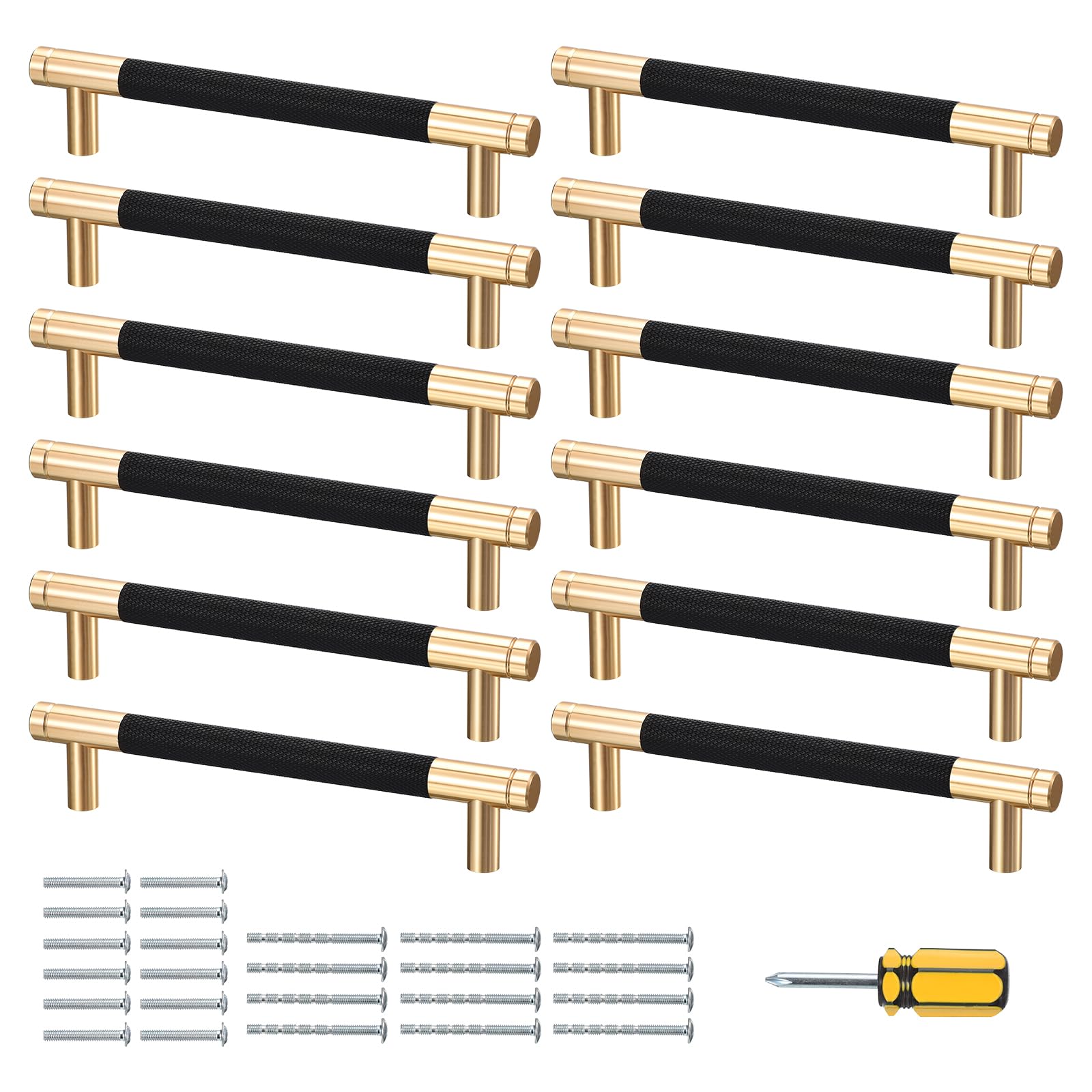 Uxcell 12 Pack Cabinet Handles, Knurled Cabinet Pull Aluminum Alloy Dresser Pulls Hardware for Cupboard 6 Inch Length, 5 Inch (128mm) Hole Center Black