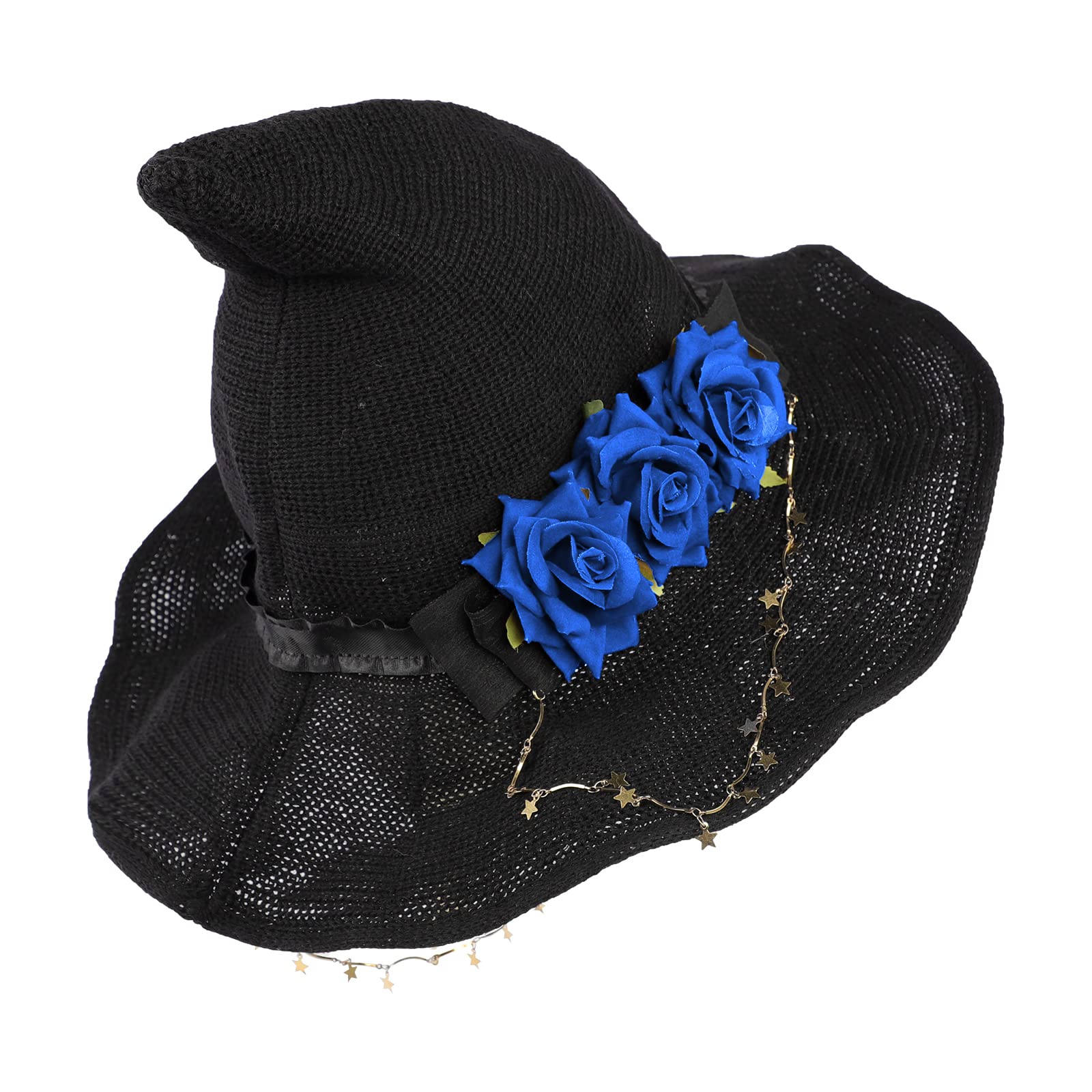 TINAYAUE Dark Novel Gothic Black Knitted Witch Hat with Rose Flower Star Chain for Women Wide Brim Pointed Modern Wizard Cap Halloween Costume Easter Fancy Dress Christmas Party Cosplay Accessory