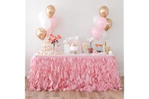 BLUEKATE Coral Pink Tutu Table Skirt. 6ft Table Skirt with Double Layer Organza Willows. Princess Party Decorations, Quinceanera, 1st Baby Girl Birthday Decor, Baby Shower Decor or Gender Reveal