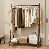 Wamhom Solid Wood Clothes Rack with Wheels,Freestanding Garment Rack & Coat Tree,Extra-Long 39.38" Hanging Rod, Double Storage Shelves for Bedroom, Entryway, Hallway