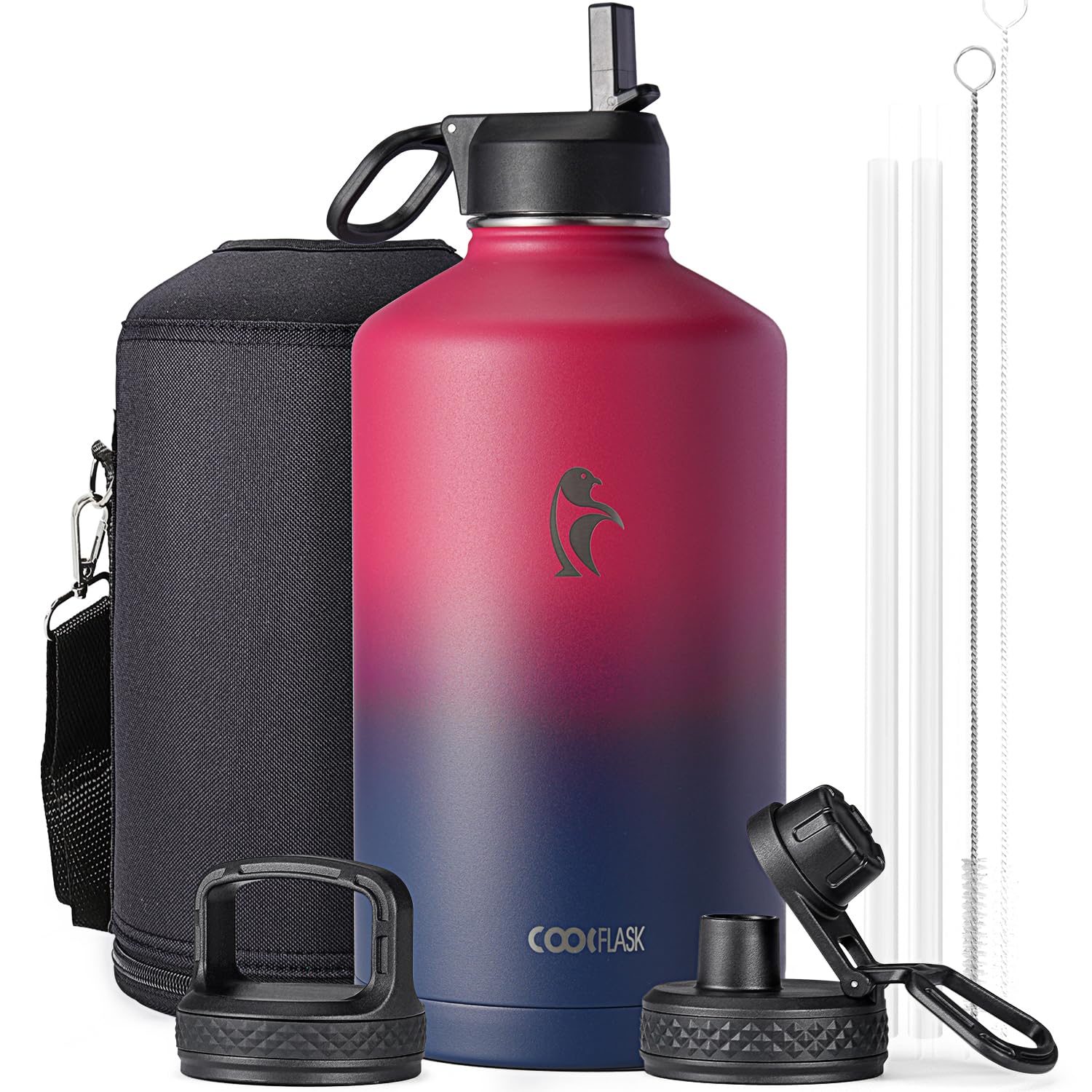 Photo 1 of Coolflask 128 oz Gallon Water Bottle Insulated with Straw&3 Lids, Water Jug Large Stainless Steel Metal Vacuum Wide Mouth for Sports, Gym or Office, Non-BPA Keep Cold 48H Hot 24H, Ombre Wine/Navy