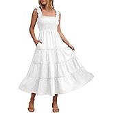 Caracilia Womens Summer Midi Dress Casual Square Neck Sleeveless Eyelet Smocked A Line Tiered 2026 Flowy Dresses with Pockets