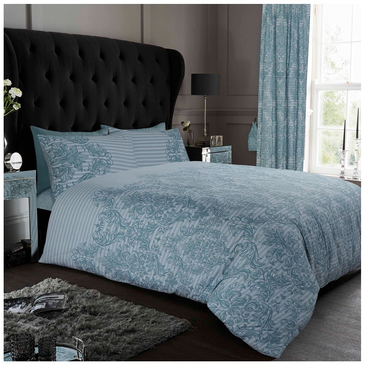 GC GAVENO CAVAILIA Luxurious Empire Damask Printed Cover, Easy Care Soft & Cosy Quilt Bedding, Polycotton, Duck Egg, King Duvet Set