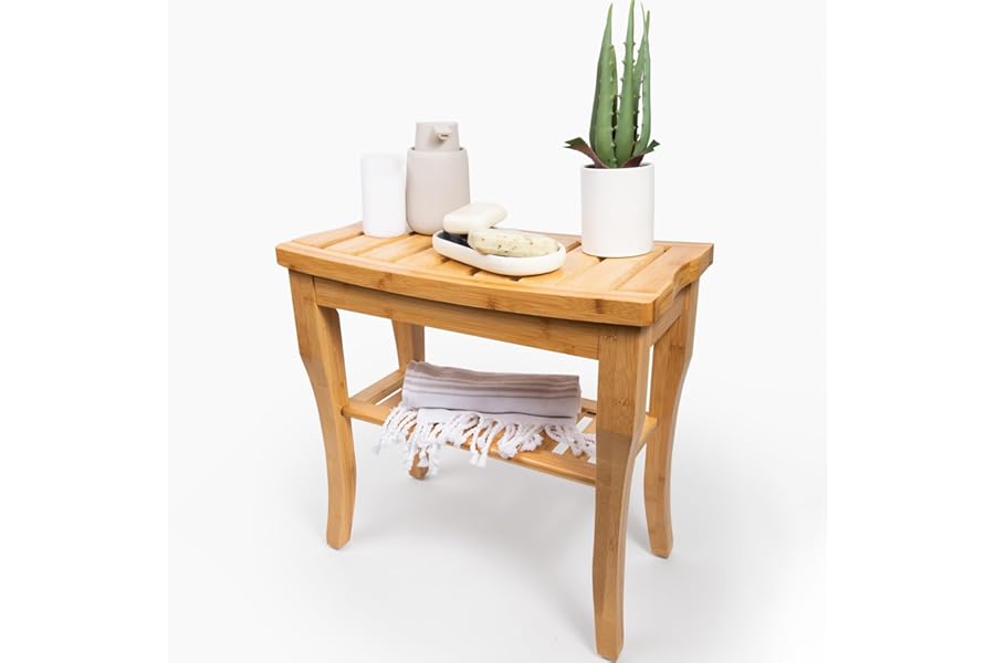 SOLENTRA Bamboo Shower Bench – Waterproof Wooden Spa Seat with Storage Shelf for Bathroom, Sauna & Entryway – Eco-Friendly Bath Stool Available in 3 Sizes (1, 19)