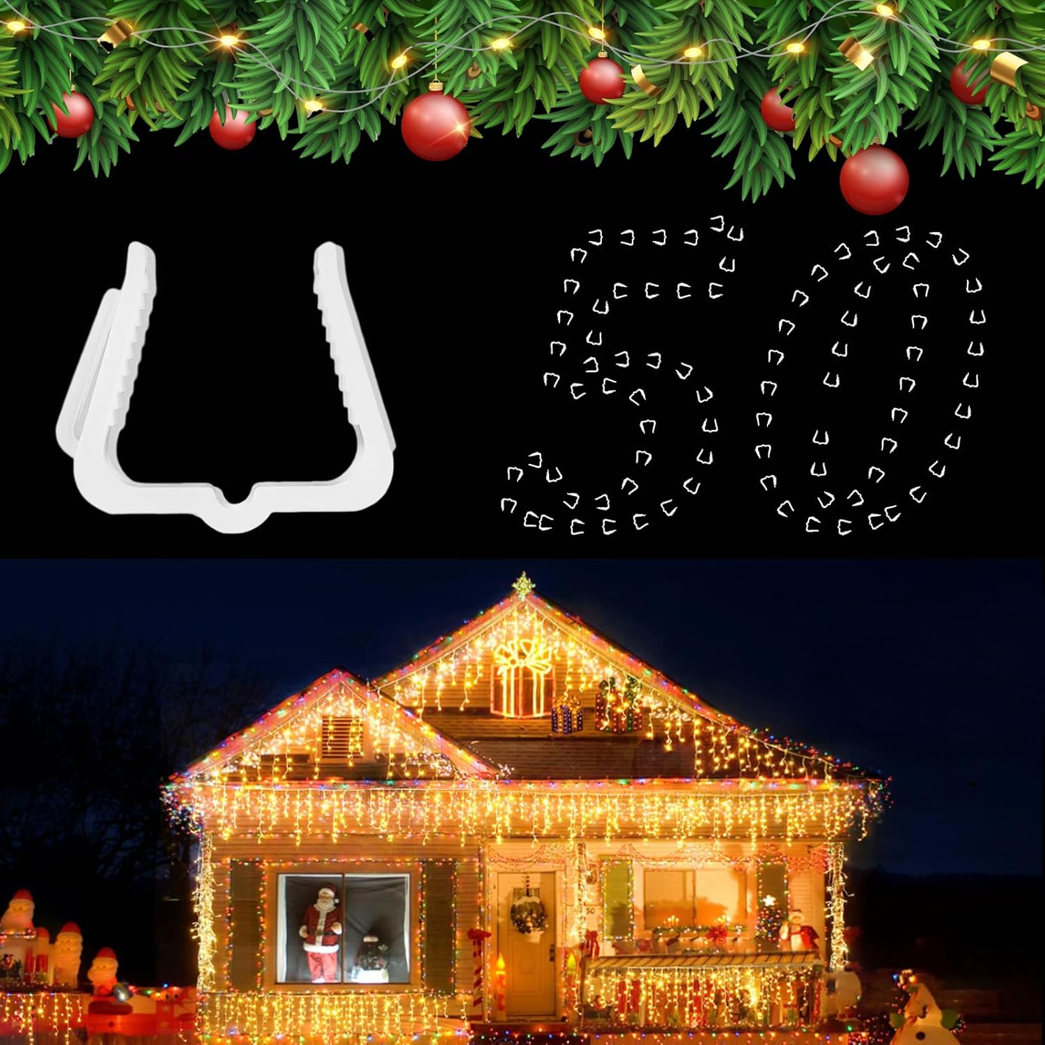 Ornament Hooks - Profully 50Pcs Christmas Light Clips, 1 5/8 inch Fascia Boards Holiday String Lights Clips, Plastic Christmas Light Hanger Hooks for Outside Roof Gutter Fence Eave Decoration, White