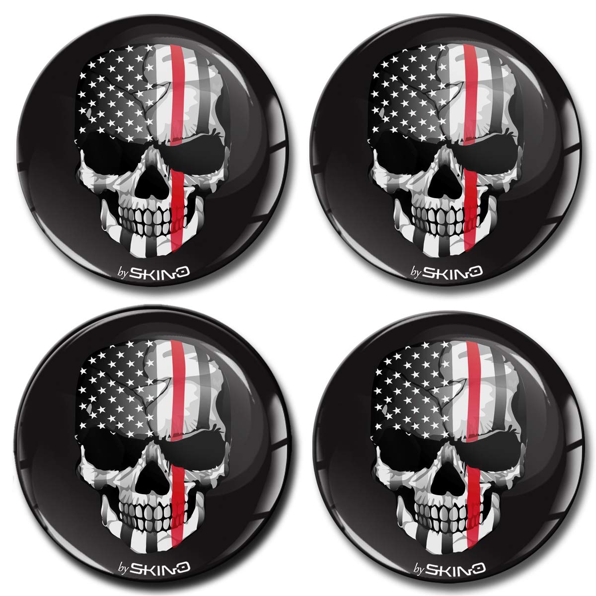 SkinoEu® 4 x 50mm DOMED 3D WHEEL RIMS CENTER STICKERS FOR CENTRE HUB TRIM CAPS SKULL USA FLAG THIN RED LINE AUTO MOTO CAR LOGO BADGE A 3250