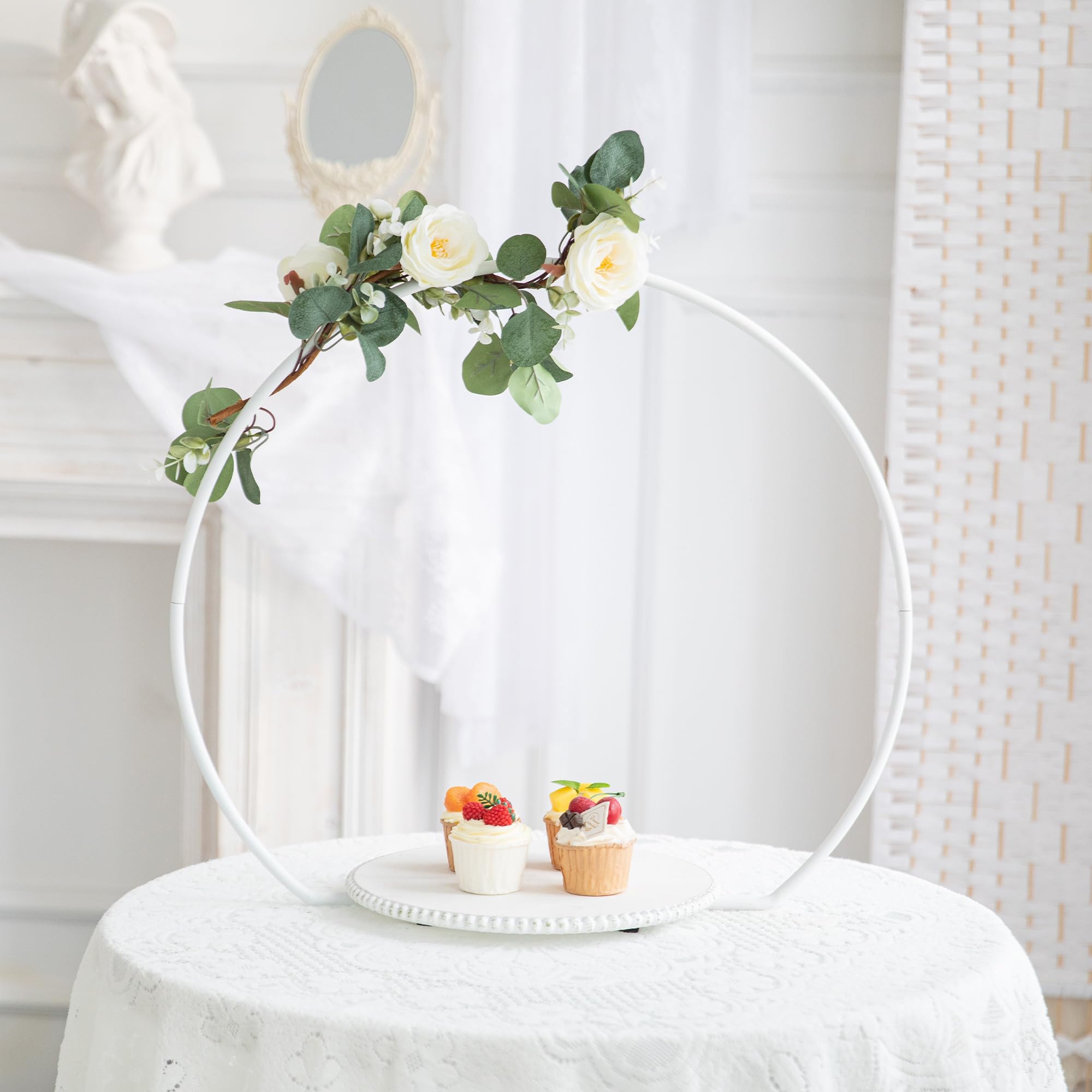 Photo 1 of GENMOUS Wedding Cake Stand with Wood Stand Base, White 20" Round Arch Cake Stand Set, Metal Floral Hoop Centerpiece for Table, Large Cake Display Stand for Party, Events,Birthday Reception