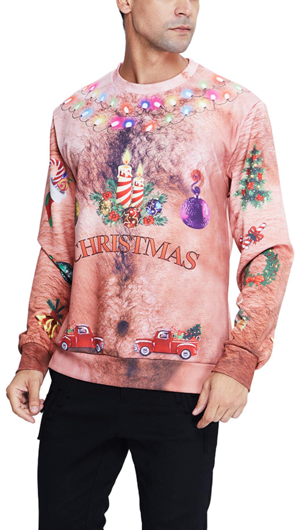 Goodstworld Funny Christmas Hairy Chest Sweater Cool Brown Novelty 3D Xmas Light Necklace Print Pullover Sweater Shirts Blouse Ugly Graphic Xmas Sweatshirts for Xmas Party Large