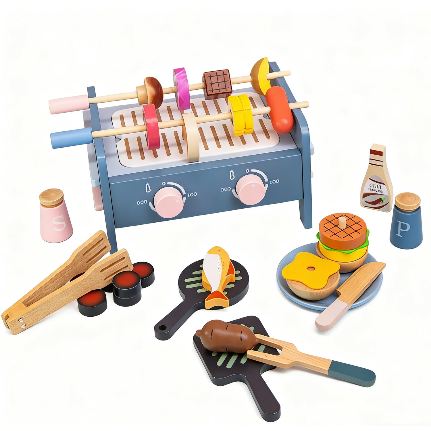 Benhurb Wooden Toys BBQ Grill Barbecue set, Toddler Toys, Wood Kitchen Toys Play Food Accessories, Role Pretend Cooking Toy with Rotating Skewer, Birthday for 2 3 4 Year Old Girls Boys