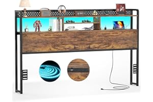 Unikito Headboard for King Size Bed with Storage Shelf, Head Board with 3 Outlets and 2 USB Ports, Headboards with RGB LED Light, Height Adjustable, Sturdy and Stable, Easy Assembly, Rustic Brown