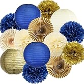 Navy Blue and Gold Party Decoration Navy Blue Cream Paper Lanterns Hanging Paper Fans Tissue Pom Pom Flowers for Men Birthday Wedding Baby Shower 2024 Graduation Party Decoration