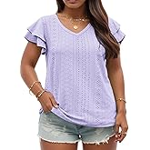 VISLILY Womens-Plus-Size-Summer-Tops Ruffle Short Sleeve T Shirts Trendy V Neck Tunics Casual Loose Eyelet Blouses Tee XL-5XL