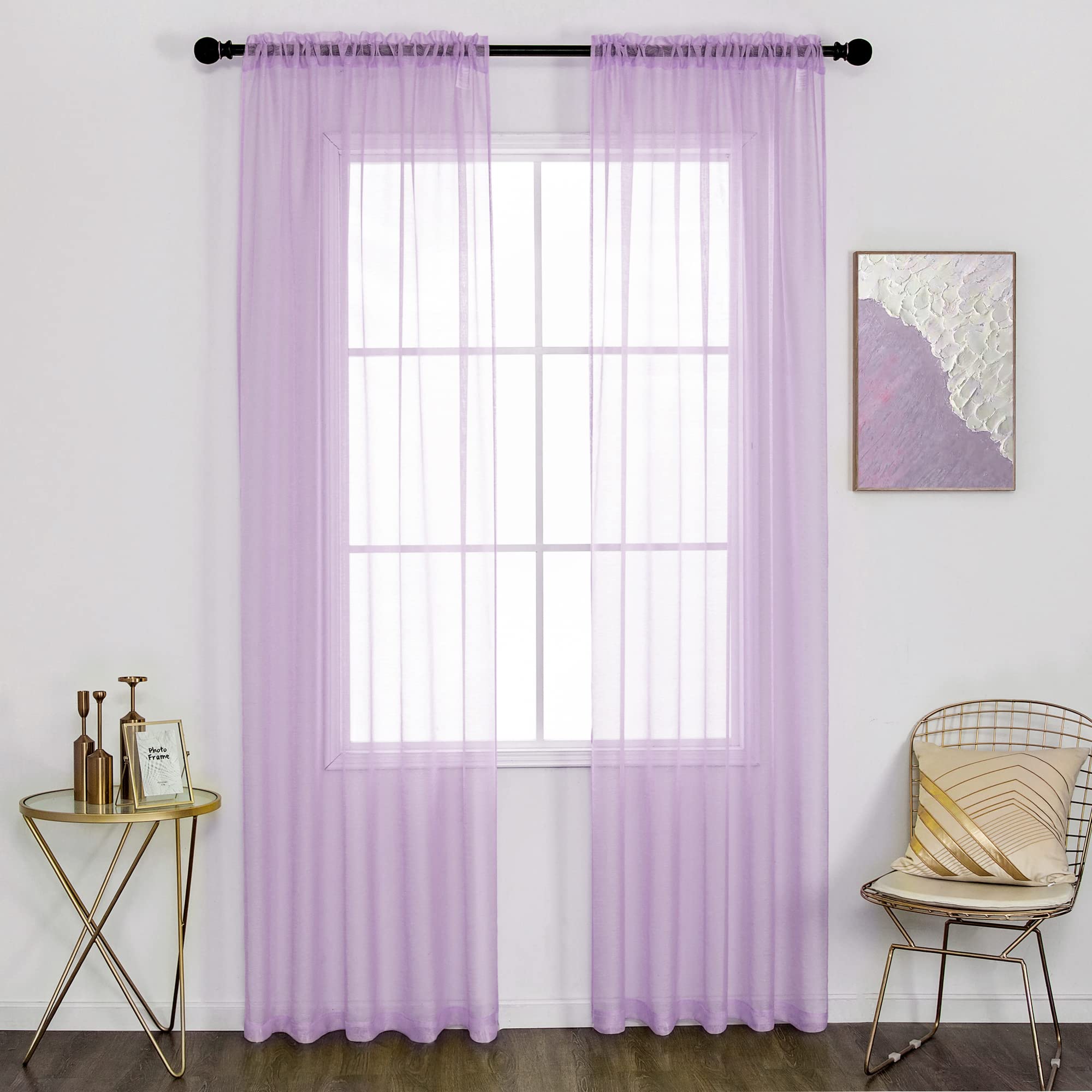 DUALIFE Light Purple Sheer Curtains for Living Room Bedroom Sheer Lilac Lavender Purple Voile Drapes Panels Light Filtering Set of 2 Panels with Rod Pocket Textured Curtains 52 x 72 Inch Length