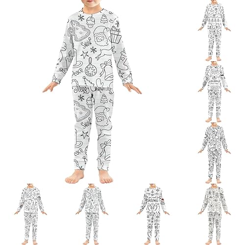 Kids Christmas Coloring Pajamas Children DIY Hand Painted Sleepwear Long Sleeves Tops & Trousers 2 Piece Sets Xmas Novelty Hand Painted Homewear (Blue-a, 2-3 Years)