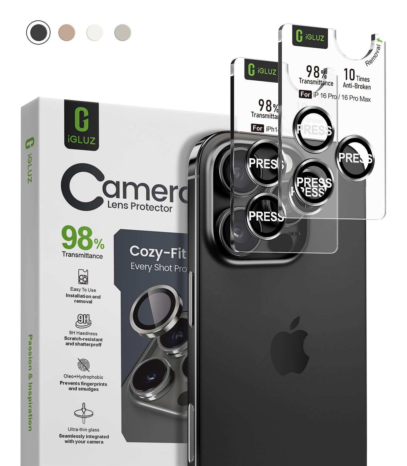iGluz 2 Pack Anti-Reflection Camera Lens Protector for iPhone 16 Pro/iPhone 16 Pro Max [98% Transmittance][1-Step Installation Tray][Strong Adsorption] 9H Shatterproof Tempered Glass-Black Titanium