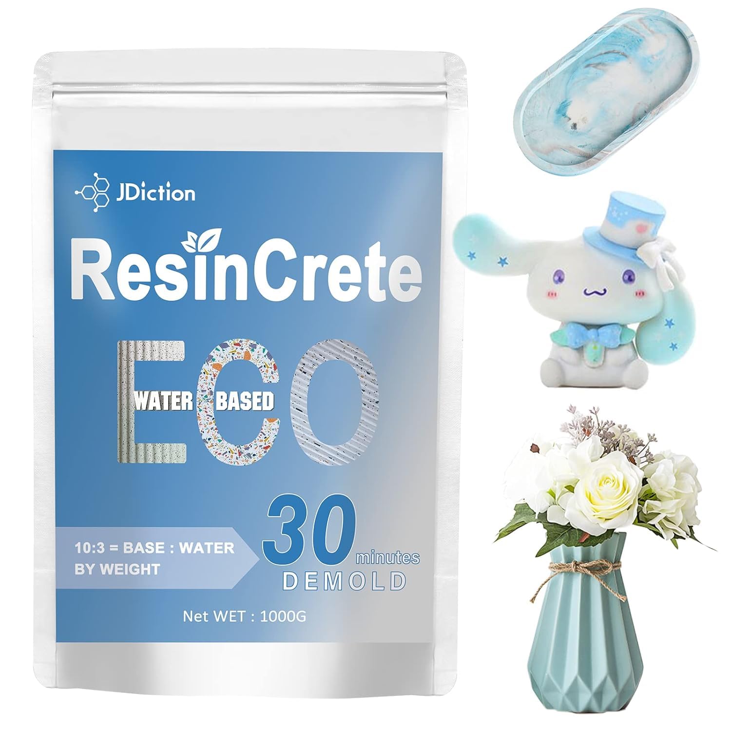 JDiction ResinCrete, 1000g Water Based Casting Resin for Beginners, 20-30 Min Fast Curing Terrazzo Resin, Self Leveling, Easy Mix Casting & Coating