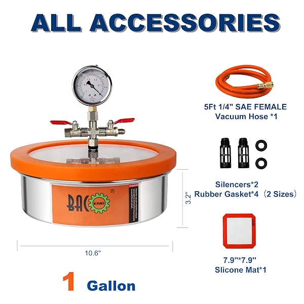 BACOENG 1 GALLON FLAT VACUUM CHAMBER KIT, STAINLESS STEEL VACUUM DEGASSING CHAMBER FOR RESIN, SILICONE AND EPOXIES