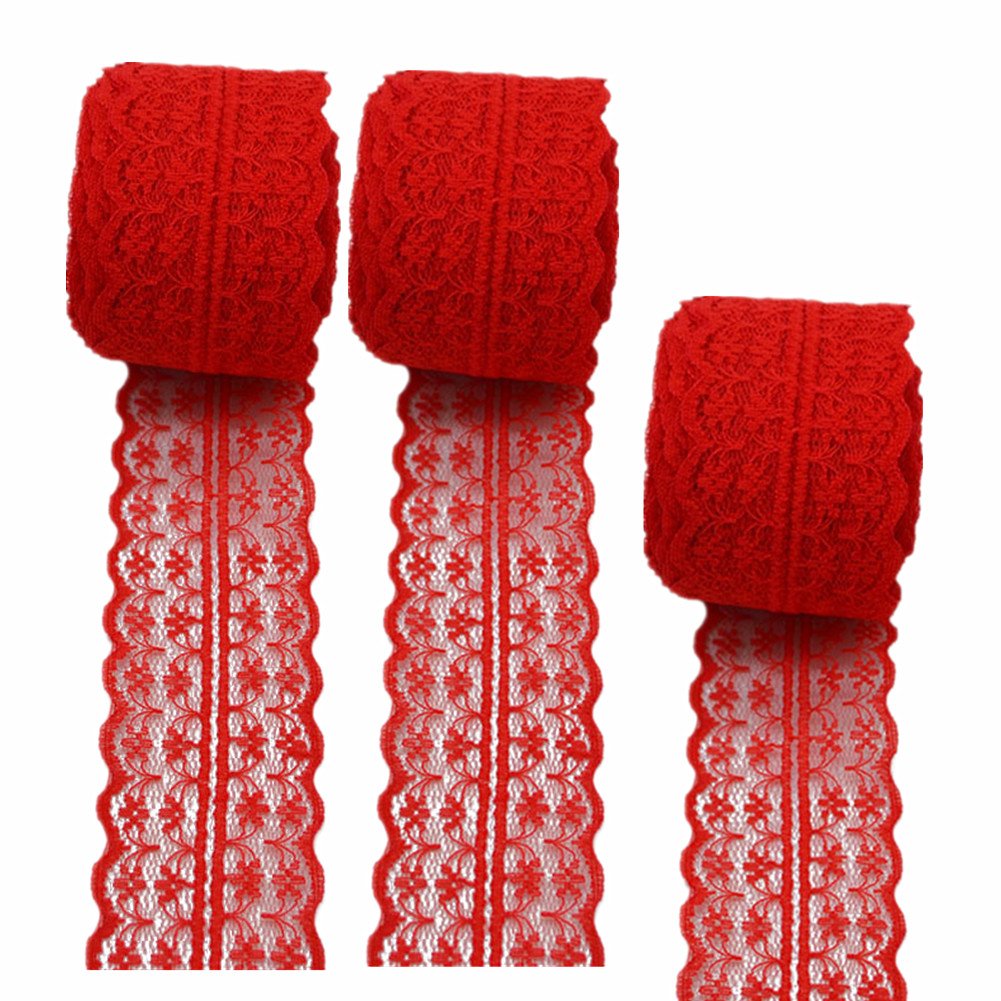3 Rolls 10 Meters Floral Lace Ribbon Lace Trim Webbing Fabric for DIY Jewelry Making Craft Wedding Accessories Gift Wrapping(Red)