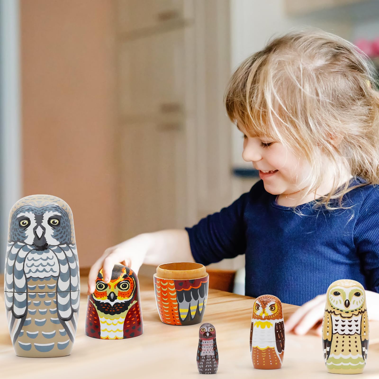 Set of 5 Owl Family Nesting Dolls Forest Animals Nesting Dolls Matryoshka Russian Doll Figurines Kids Stacking Dolls for Father's Day Christmas Birthday Owl Lover Home Decoration