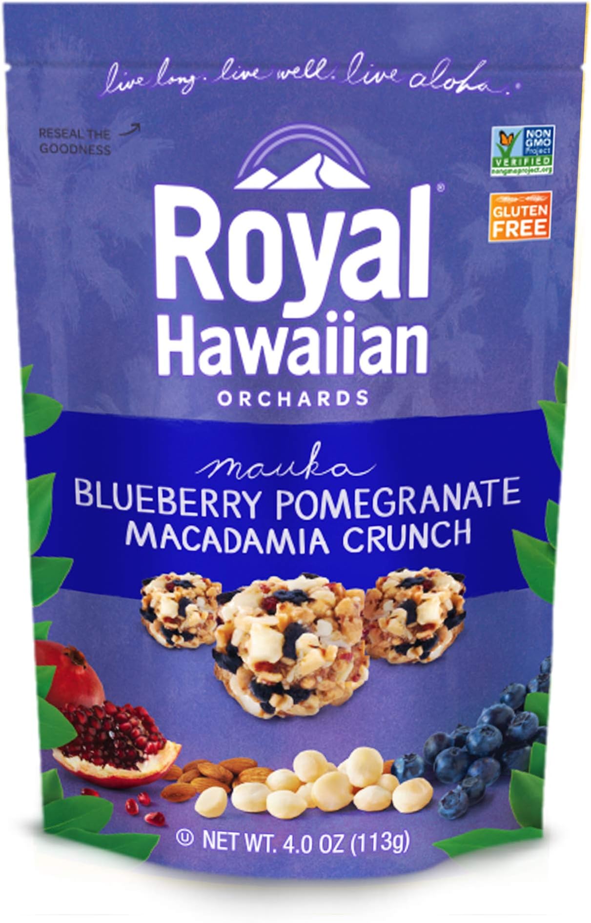 Royal Hawaiian Orchards Blueberry Pomegranate Macadamia Crunch, Pack of 6/4oz. Bags