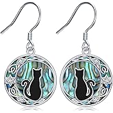 Black Cat Earrings for Women 925 Sterling Silver Celtic Black Cat Drop Earrings Cute Animal Cat Jewelry Halloween Gifts for Women Mom