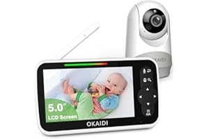 OKAIDI Baby Monitor with Camera and Audio, 5" Large Screen with 30-Hour Battery, 1000ft Range Video Baby Monitor, Remote Pan-Tilt-Zoom Baby Monitor No WiFi, Night Vision, VOX, 2-Way Talk, 8 Lullabies