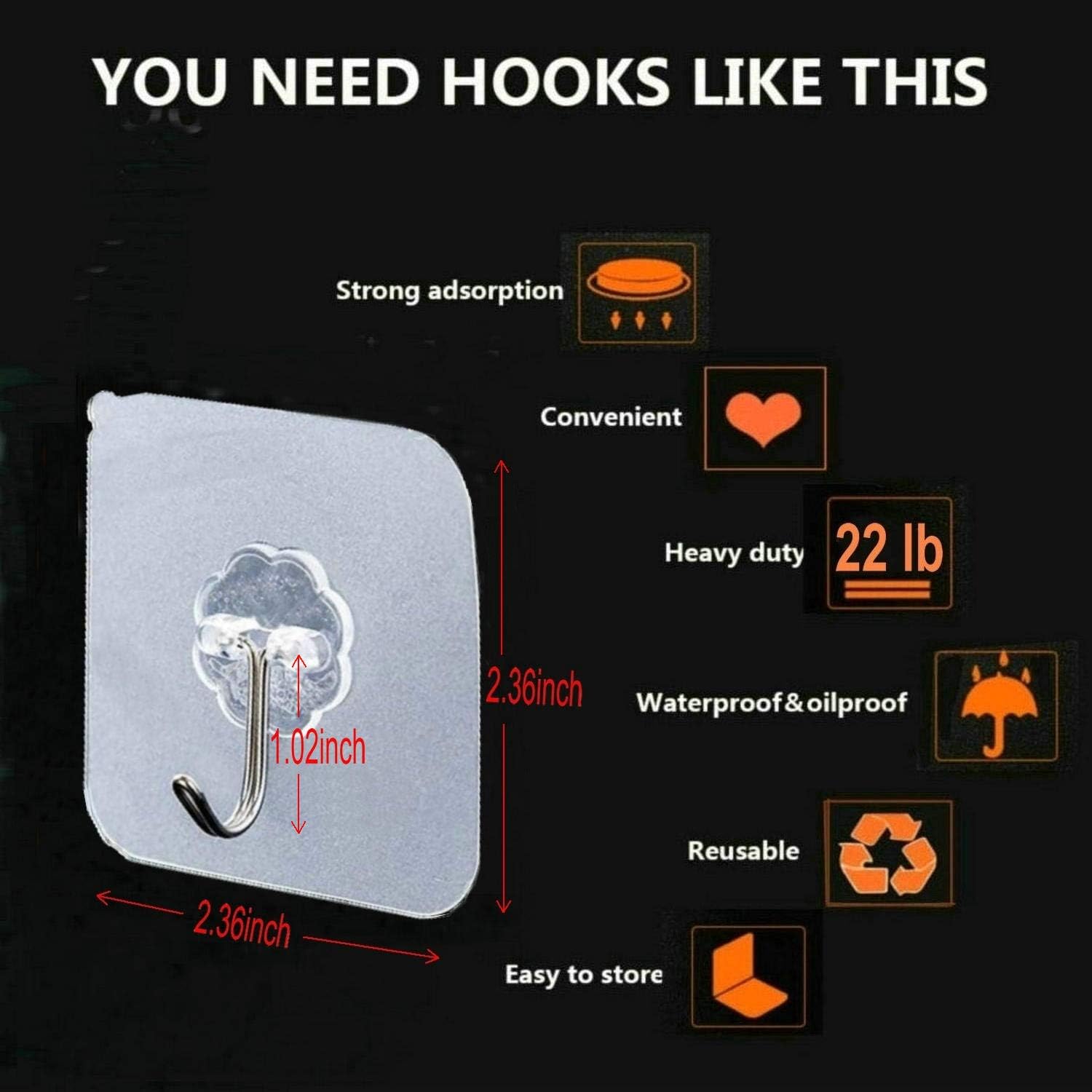 Wall Hooks 24 Pack 22lb(Max) Transparent Seamless Hooks, Waterproof and Oilproof, Heavy Duty Self Adhesive Hooks for Kitchens, Bathroom, Office: Kitchen & Dining