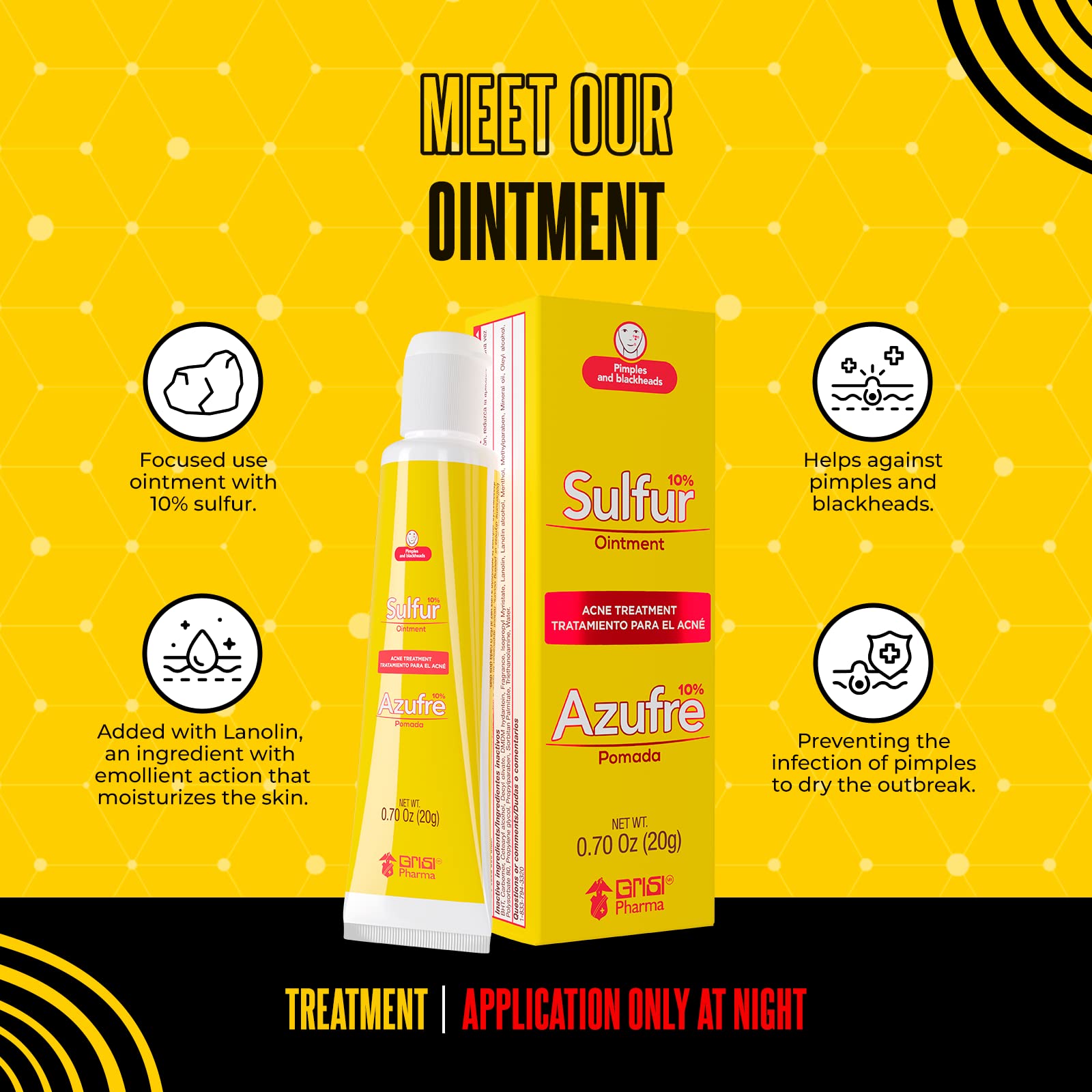 Biosulfur Grisi Acne Treatment: Fights Pimples, Blackheads, Blemishes, Improves Damaged Skin from Acne Scars, Prevents Breakouts, Keeps Pores Clear, Controls Oil, Sulfur Ointment, 0.70 Ounce, 2-Pack