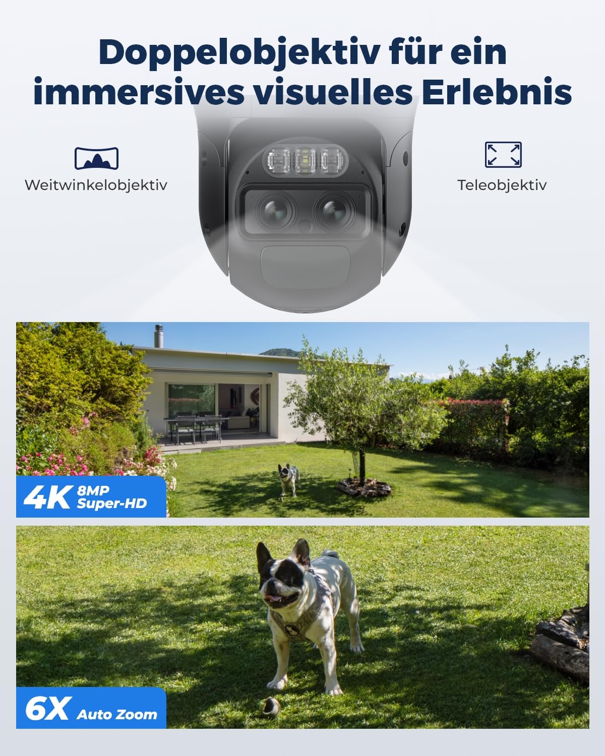 Reolink 4K PTZ Überwachungskamera Aussen Akku mit Auto-Tracking & Auto-Zoom, Dual Lens, 8MP Solar WLAN Kamera Outdoor, 2,4/5GHz WiFi, 30m Farbnachtsicht, KI-Erkennung, 360° View, TrackMix+Solarpanel 2