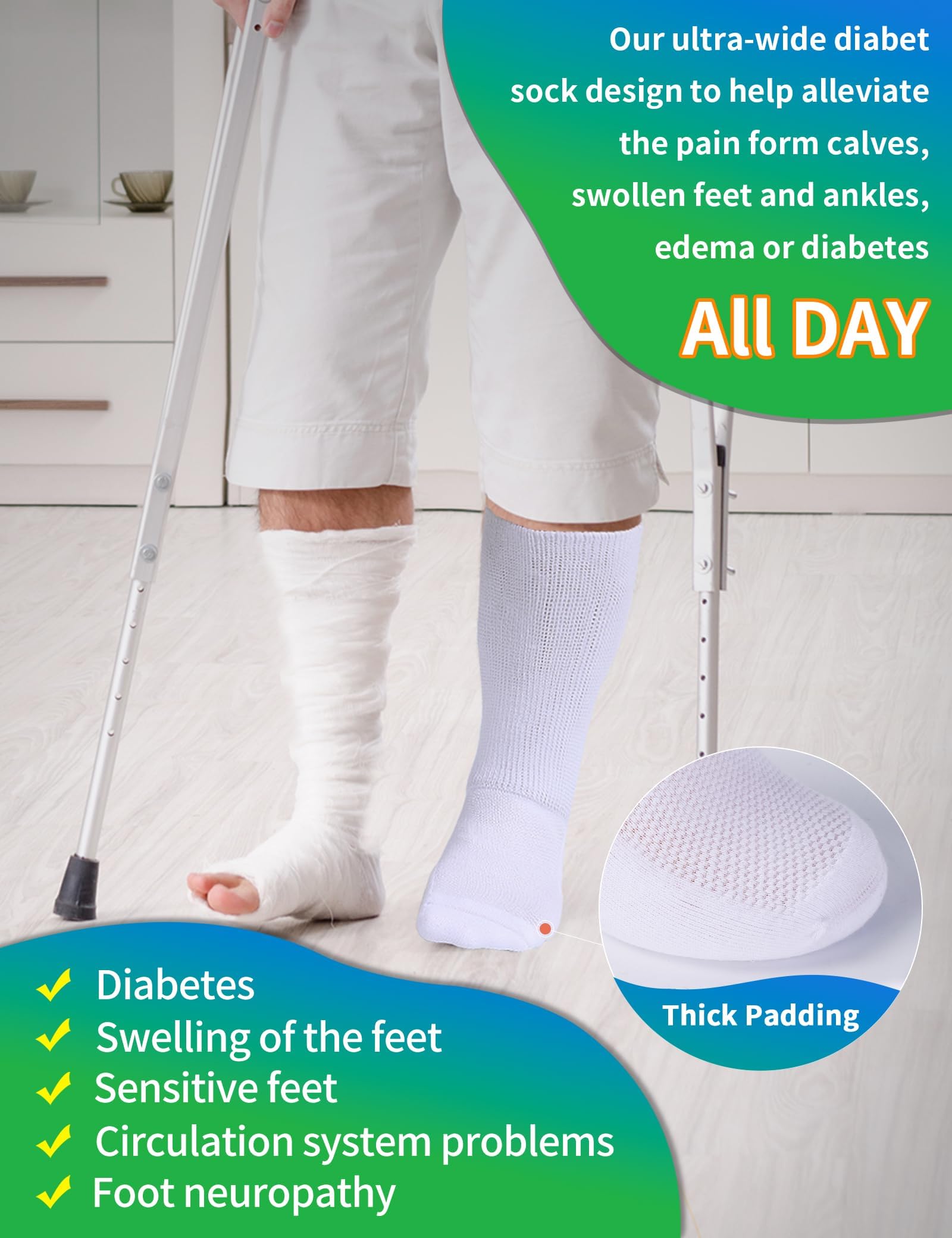 Powbrace 2 Pairs Wide Diabetic Socks for Men Women Plus Size,Lymphedema Socks,Socks for Swollen Feet and Ankles,Edema Socks,Loose Fit Socks,Non-Binding Socks,Bariatric Socks,Hospital Cast Socks-All Black