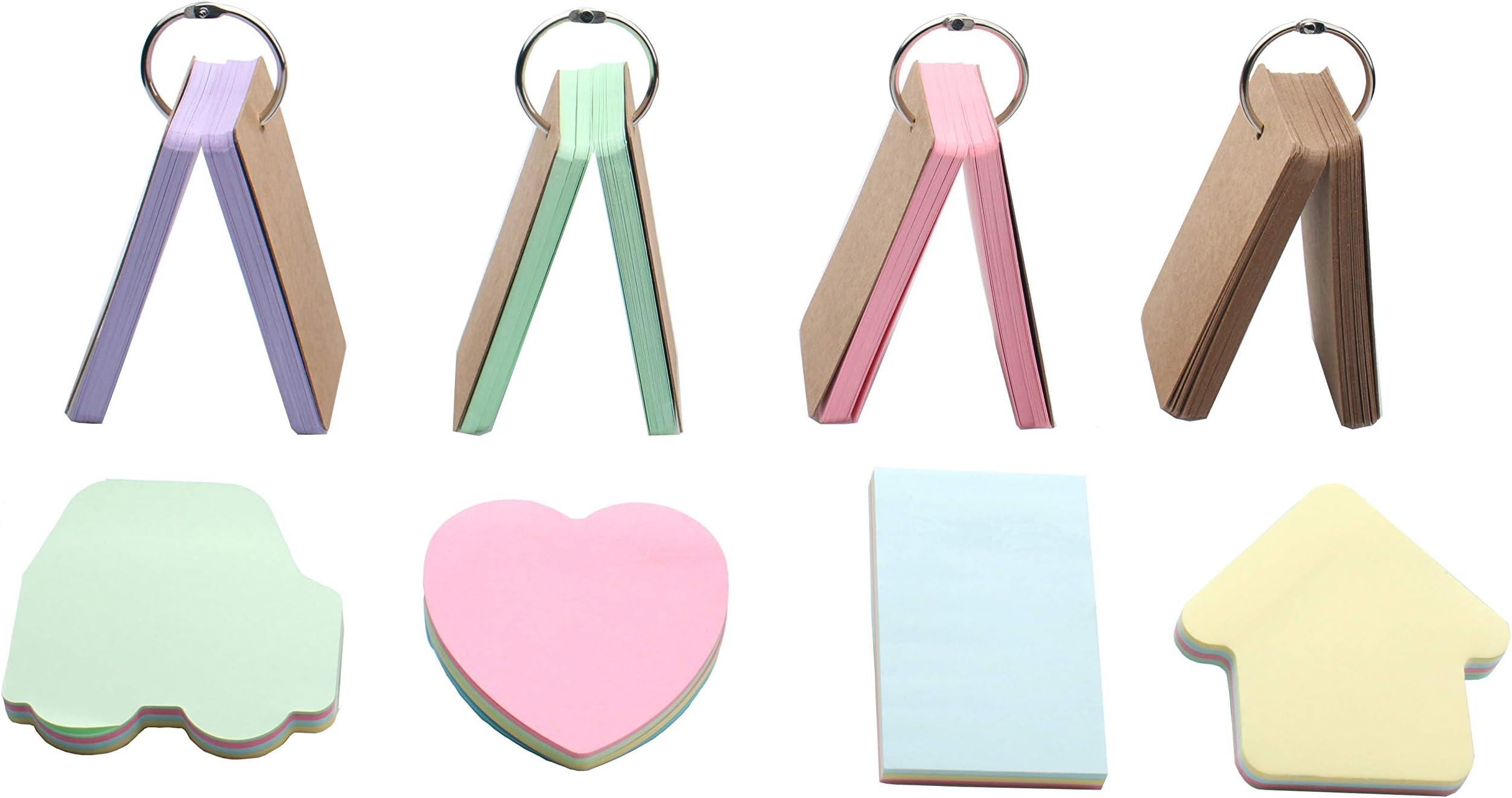 8 Pack Multicolor Mini Notepad Set, Tiberham Colorful Sticky Notes Self-Stick Memo Pads in Different Shapes, Kraft Paper Flash Cards Easy Flip Study Cards with Binder Ring for School Home & Office