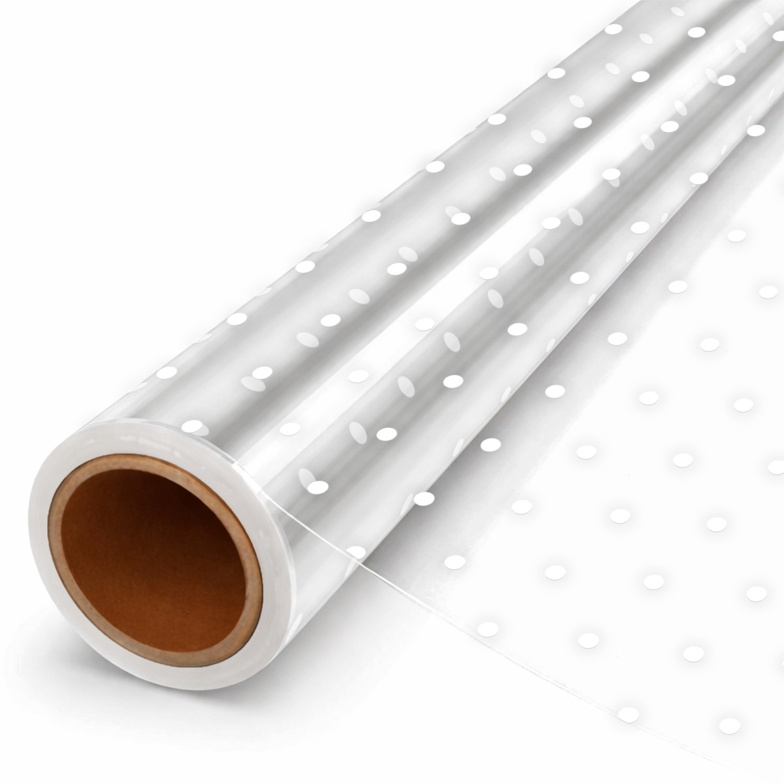 15m Christmas Cellophane Wrap, Clear Cellophane Wrap with Polkadot Design for Hampers, Cellophane Roll for Gift Baskets and Christmas Gifts, Cellophane Roll (40cm Wide)
