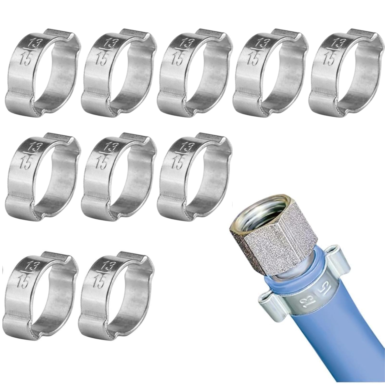 Hose Clamp，Zinc Plated Stainless Steel Two-Ear Hose Clamp for Fule Petrol Pipe Tube（10pcs 5-23mm） (13-15Mm)