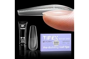 Five Angeles Tipex Instant Apex Gel Nail Tips Kit – 500pcs Pre-Etched Sculpted Long Coffin Acrylic Nail Tips, Thicker Full Cover Press-On Nails for Flat Nails, 30g/1.06oz UV Nail Glue Included