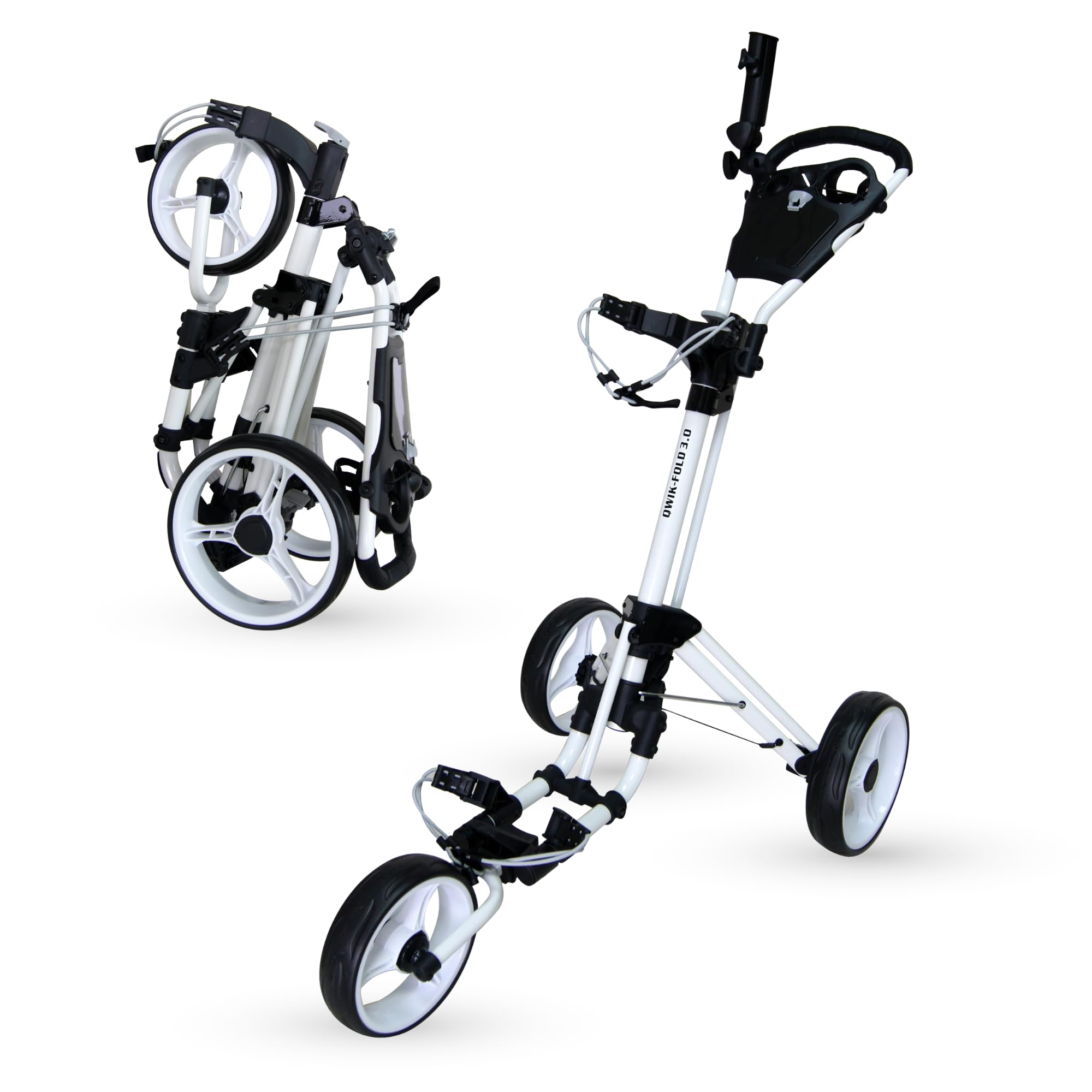 QWIK-FOLD 3 WHEEL GOLF TROLLEY PUSH PULL GOLF CART - FOOT BRAKE - ONE SECOND TO OPEN & CLOSE! (White/White)