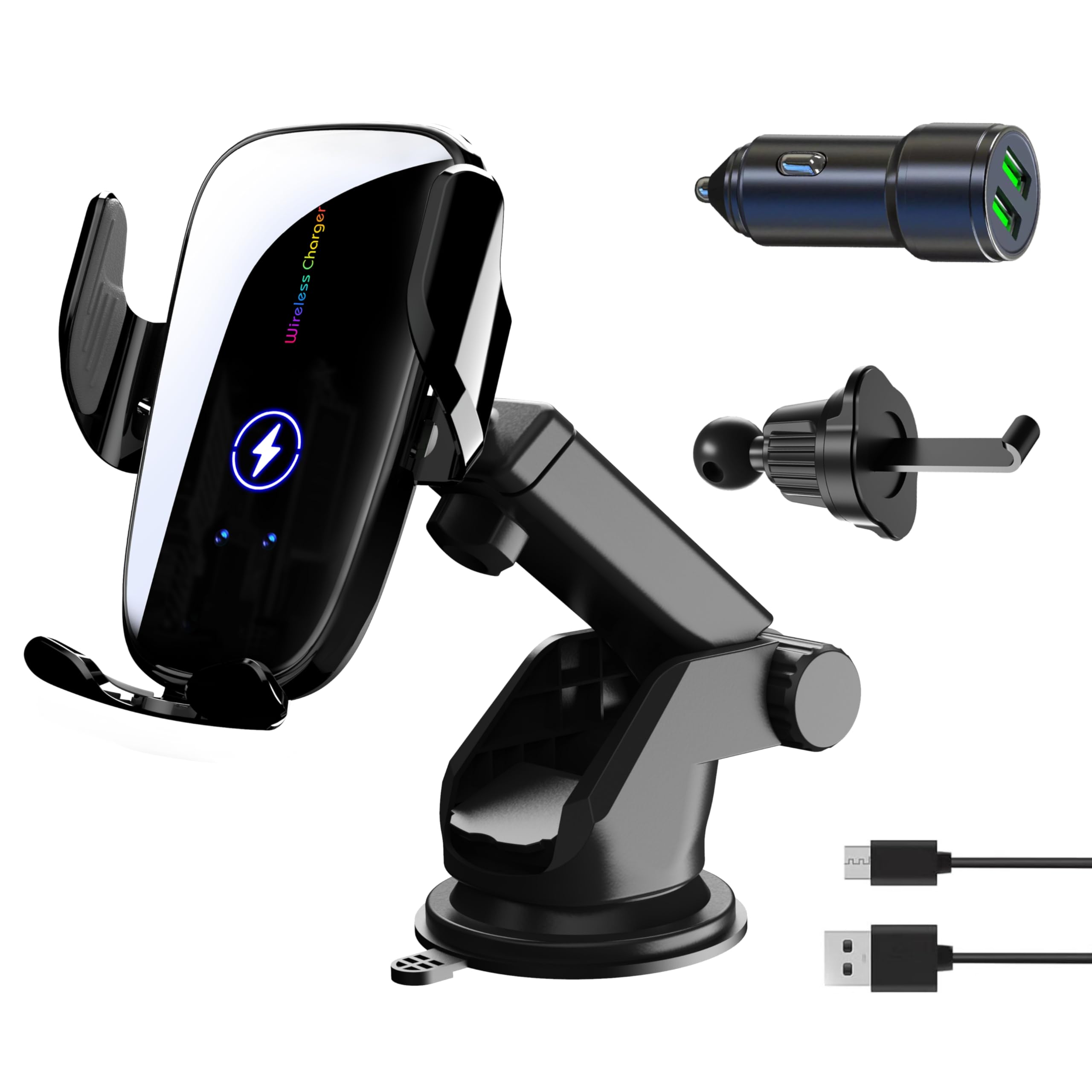 Sugbekyliy 4-in-1 car Wireless Charger(Wireless Charging, Suction Cup Holder, air Vent Clip, and Charging Cigarette Lighter).15W Fast Charging,Suitable for iPhone 15/14/13/12/ 11Pro Max Xs, etc.