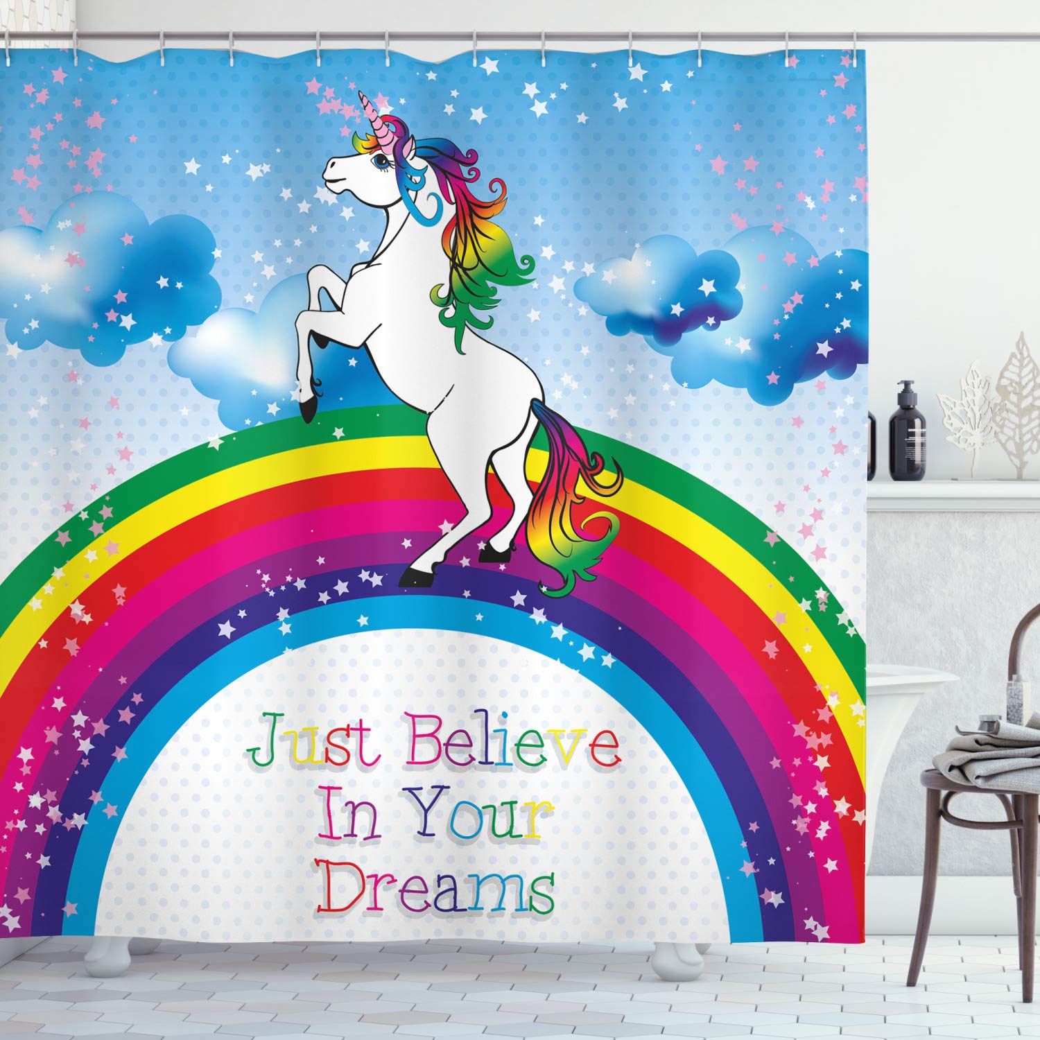 ABAKUHAUS Fantasy Shower Curtain, Unicorn Surreal Myth Creature Before Rainbow Clouds Star Fantasy Girls Fairytale, Cloth Fabric Bathroom Decor Set with Hooks, 94 Inches, Multicolor