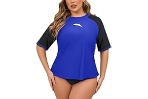 Halcurt Women's Plus Size Short Sleeve Rash Guard Swim Shirts Top Only Loose Fit Swim Tee UPF50+ Swimsuit