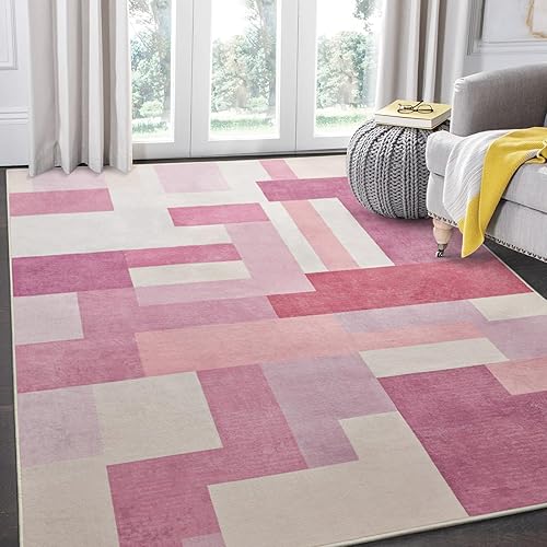 FlyDOIT Modern Geometric Patchwork Area Rug, 5x8 Pink Large Rugs for Living Room, Rockwood Collection Indoor Rugs for Bedroom, Throw Carpet Floor Decor for Entryway Dining Room Office Nursery