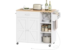 CHOEZON Kitchen Island Cart with Storage, Rolling Island Cart with Dual-Door Cabinet, Kitchen Island Table with 3 AC Outlets, with Spice Rack Mobile Kitchen Storage Islands, White and Natural MZD02UWN