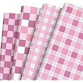 Pineraap 12 Sheet Pink Checkered Wrapping Paper, Pink and White Plaid Stripe Design Gift Wrap for Girls Women Birthday, Valentines, Princess Theme Party, Wedding, Baby Shower, Bridal Shower, 19.7 x 27.6 In